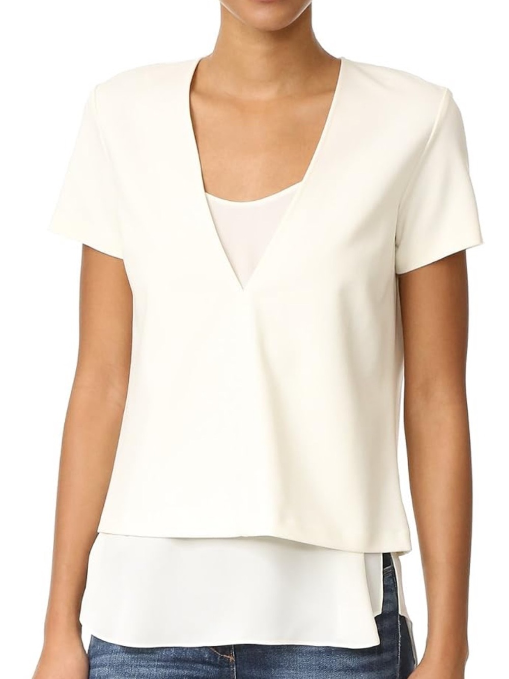 Theory Ivory 2-in-1 Layered Deep V-Neck Top & Detachable 100% Silk Cami P XS